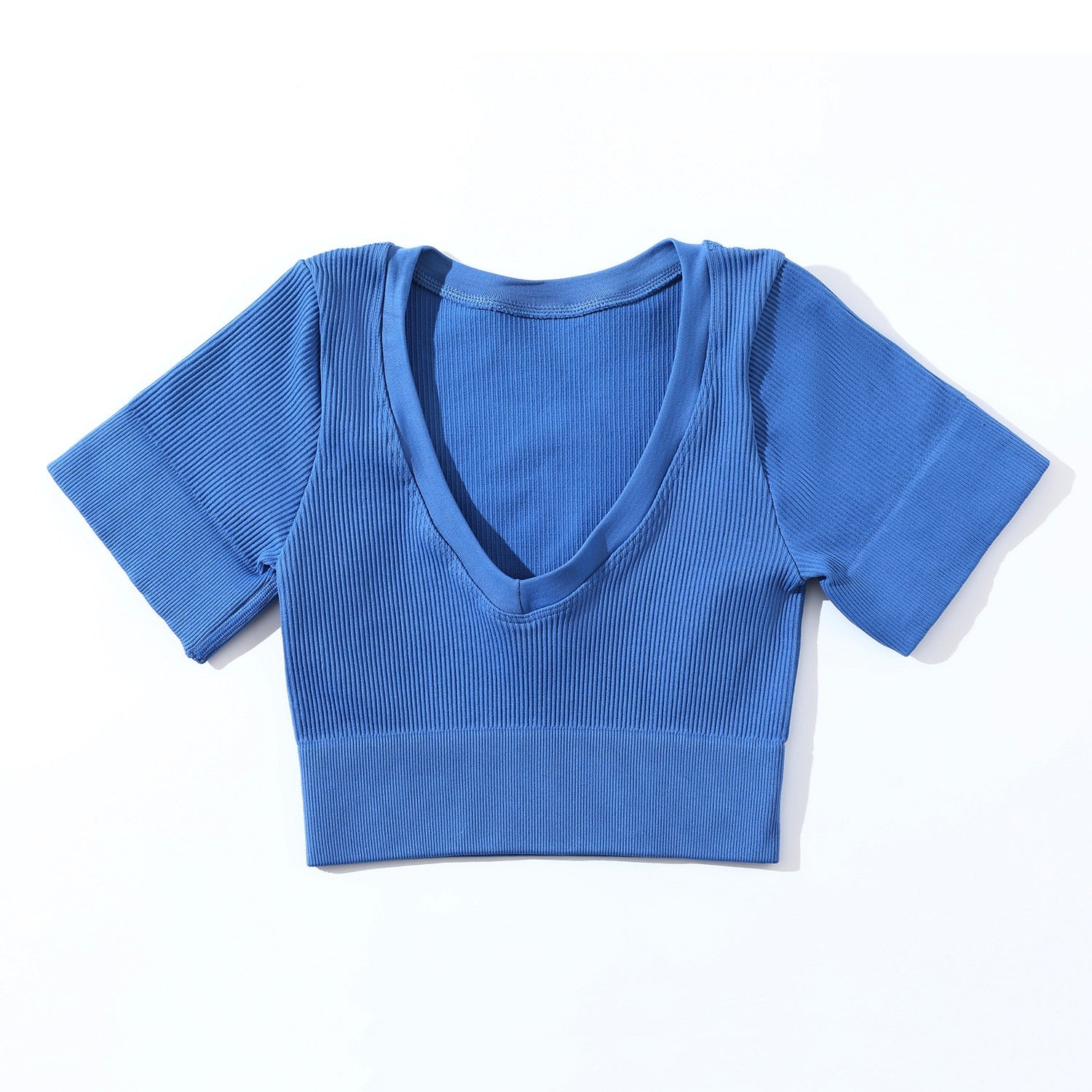 Women Long Sleeves Crop Top Gym Suits Blue Short sleeves