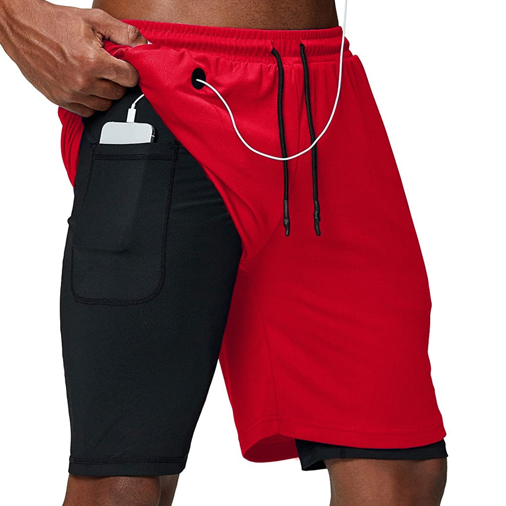 Men Fitness Gym Training 2 in 1 Sports Shorts Red Headphone Hole