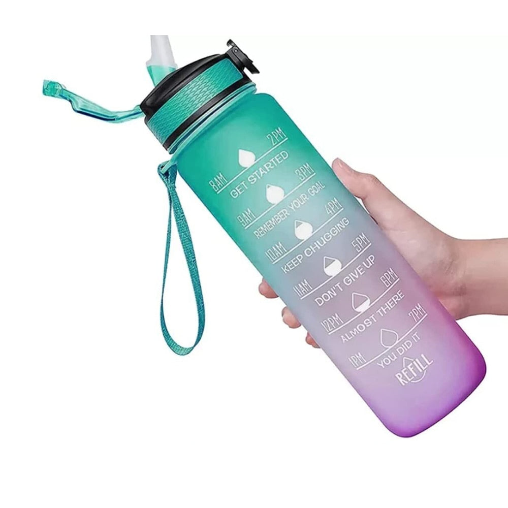 1L Sports Water Bottle with Straw Green Purple