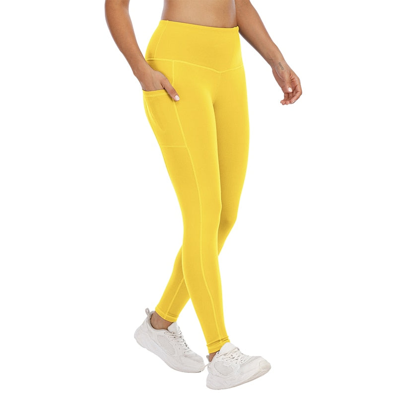 Women High Waist Sport Pockets Leggings Yellow