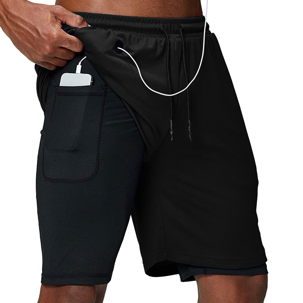 Men Fitness Gym Training 2 in 1 Sports Shorts Black Headphone Hole