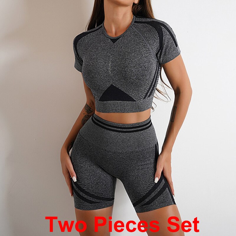 High Waist Seamless Yoga Sets dark grey short sets