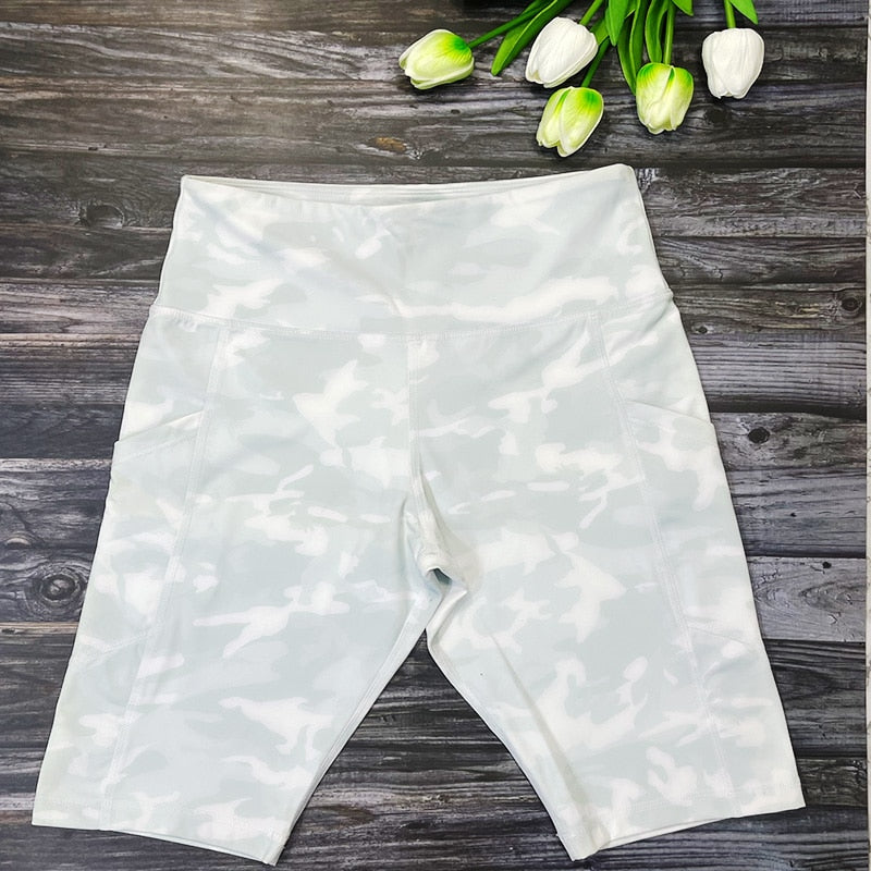 Women Phone Pocket Tie Dye Biker Shorts White Camouflage