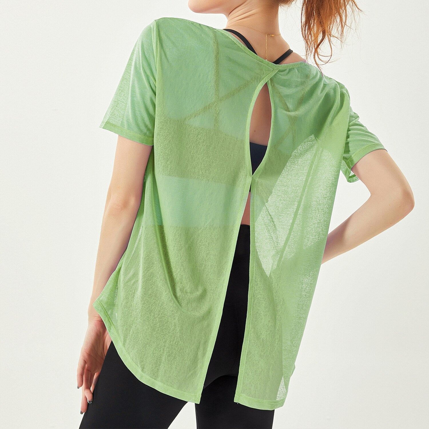 Thin Loose Backless Slit Yoga Shirts QDX146-Lawn Green