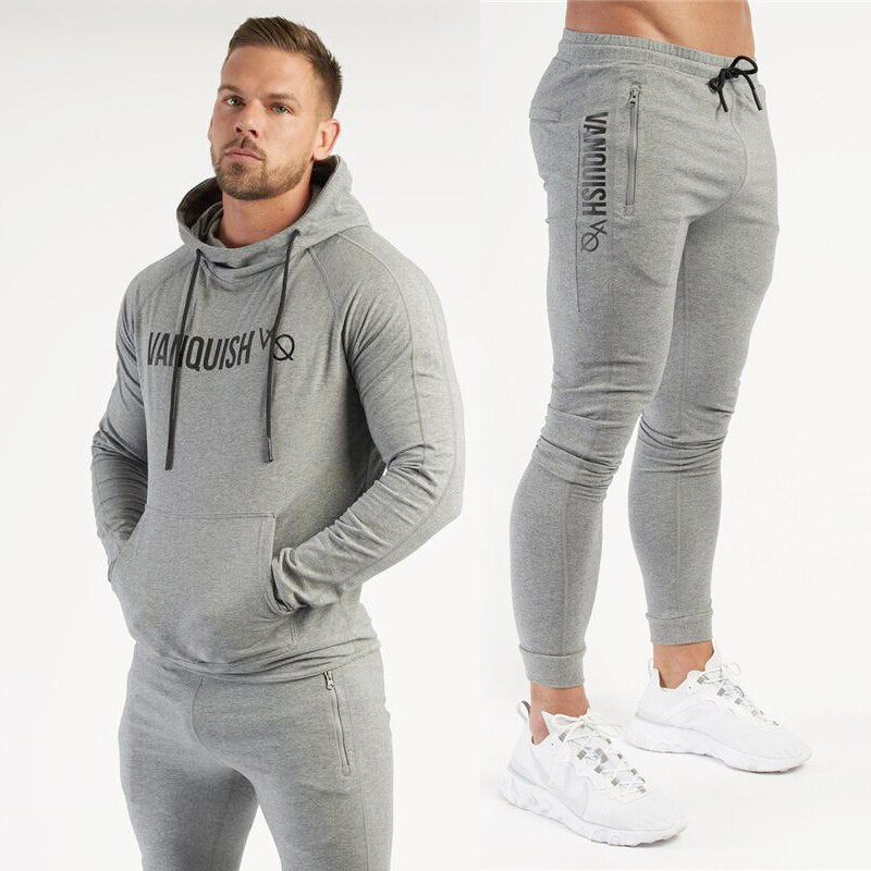 Men Fitness Cotton Printed Hoodie Trousers grey