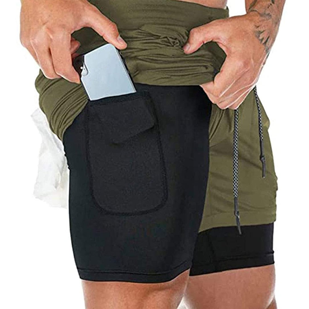 Men Fitness Gym Training 2 in 1 Sports Shorts Green No Hole