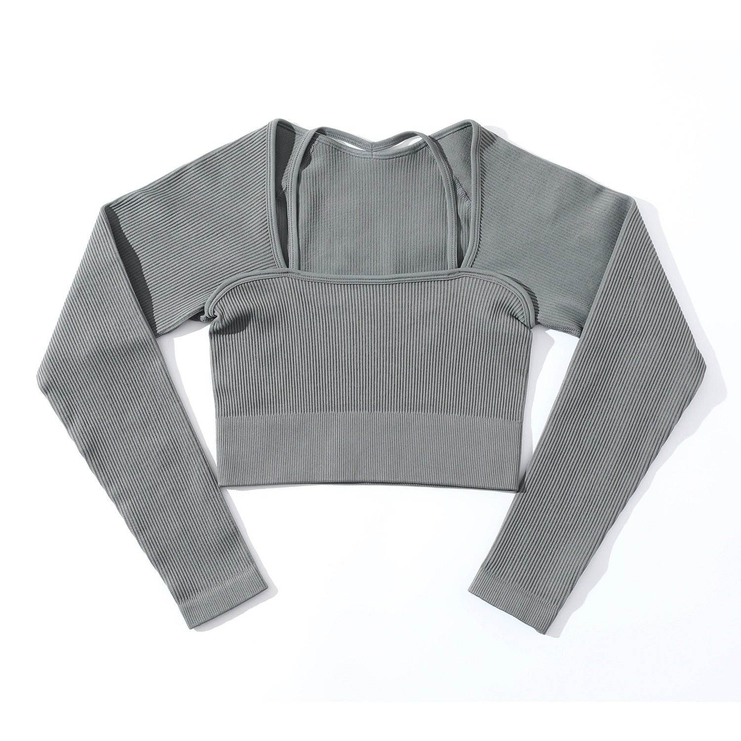 Women Long Sleeves Crop Top Gym Suits Gray Long sleeves