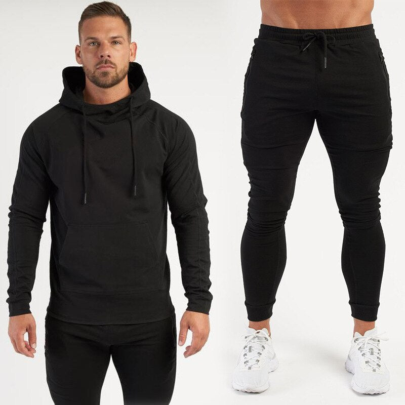 Men Fitness Cotton Printed Hoodie Trousers black no logo