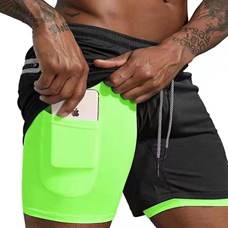 Men Double-deck Running Shorts Yellow Black