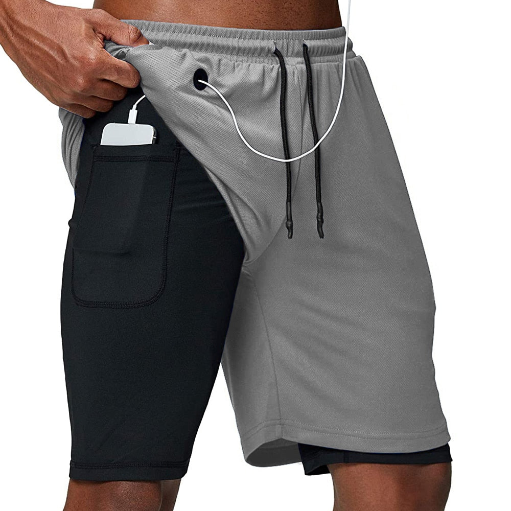 Men Fitness Gym Training 2 in 1 Sports Shorts LGray Headphone Hole