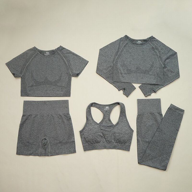 Women Seamless Gym Suits 5pcs set Grey