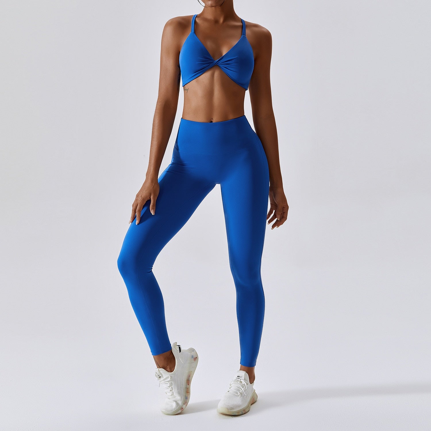 Women Drawstring High Waist Leggings Klein Blue Set-2