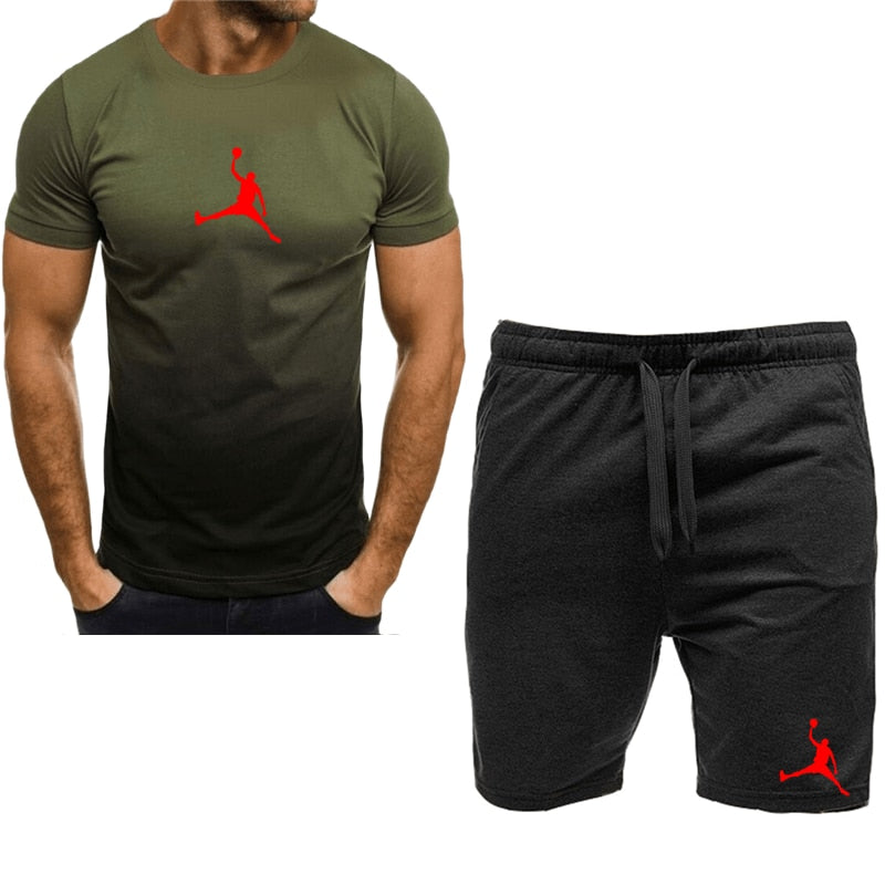 Men Cotton Short Sleeve T-shirt Set green-black-F