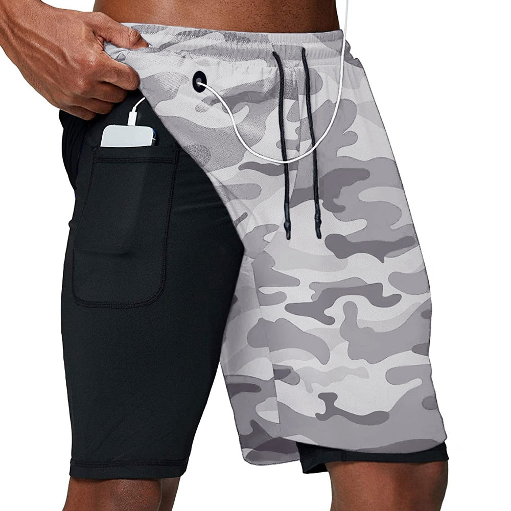 Men Fitness Gym Training 2 in 1 Sports Shorts Camo1 Headphone Hole