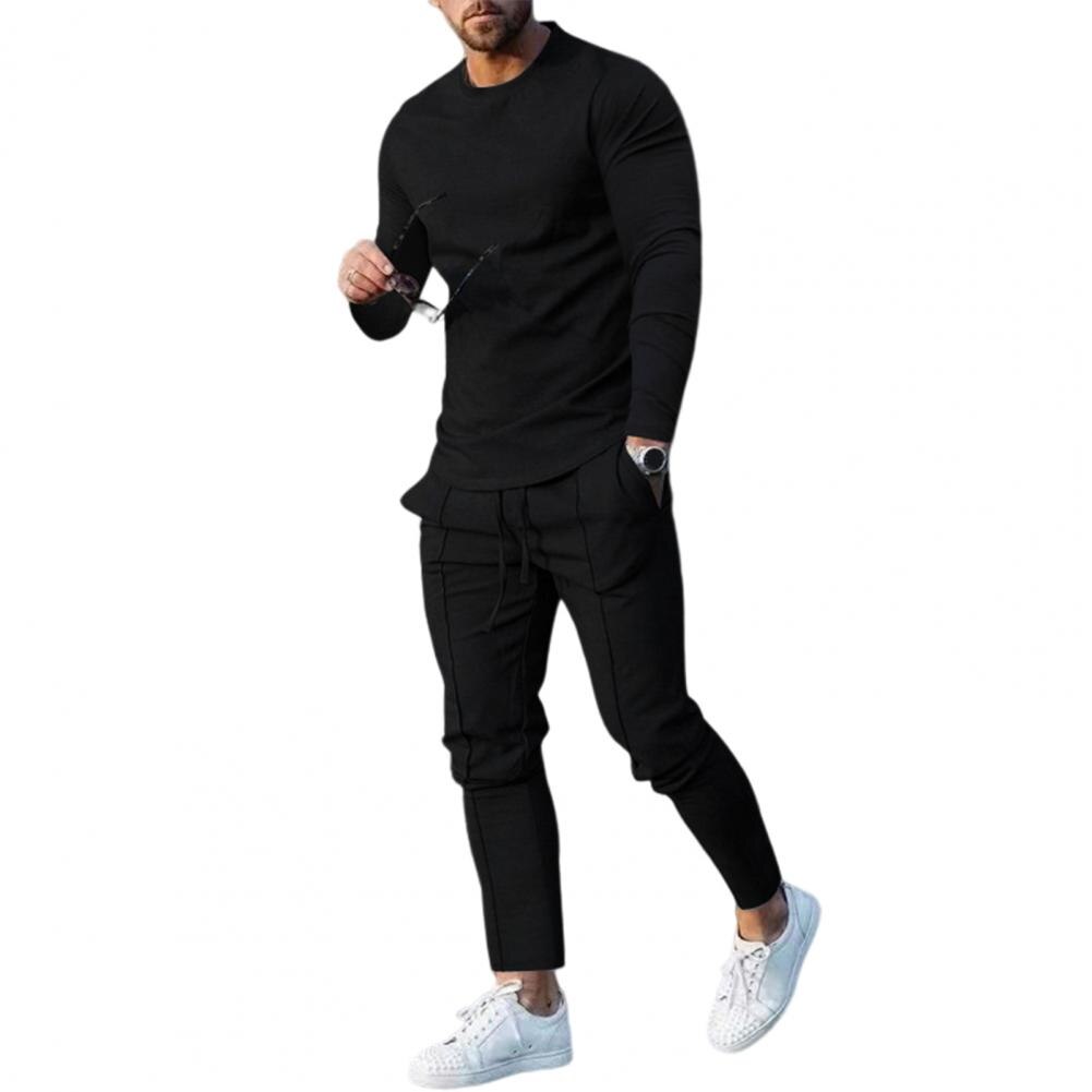 Men Casual Solid Sports Long Sleeved Set Black