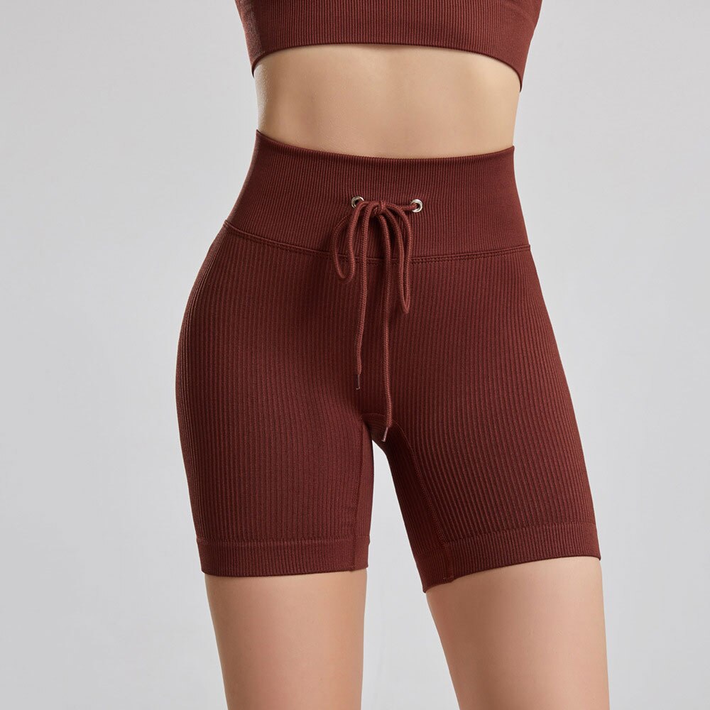 Women Seamless Push Up Ribbed Pants Brownshorts