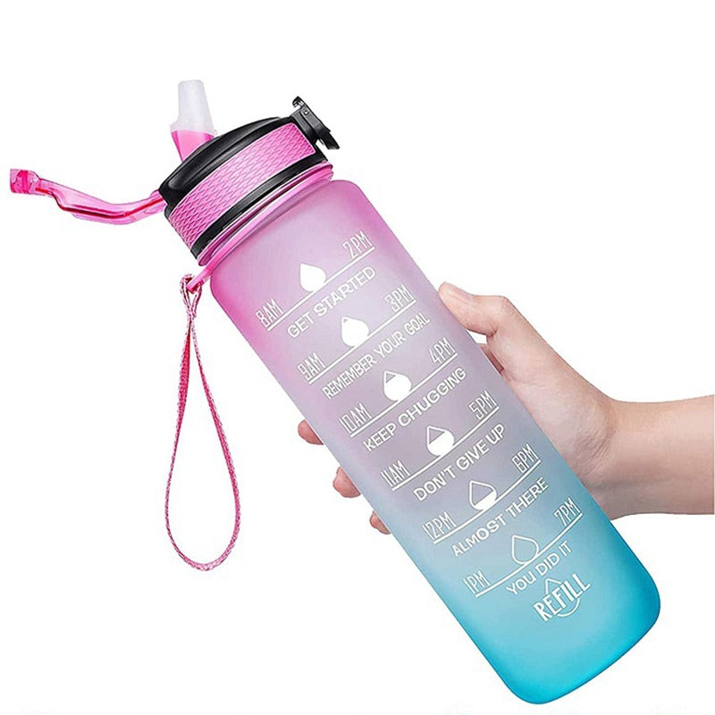 1L Sports Water Bottle with Straw Pink Blue