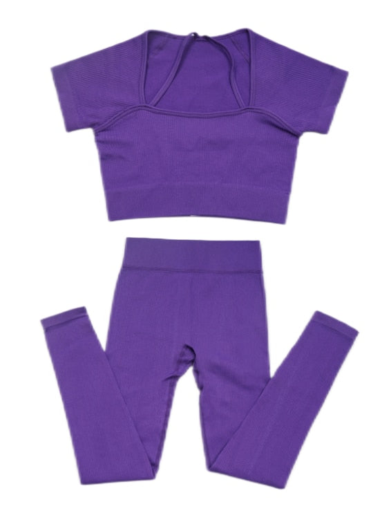 Women Summer Ribbed Gym Set Tshirt Pants-Purple