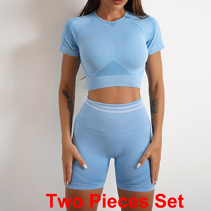 High Waist Seamless Yoga Sets blue short sets