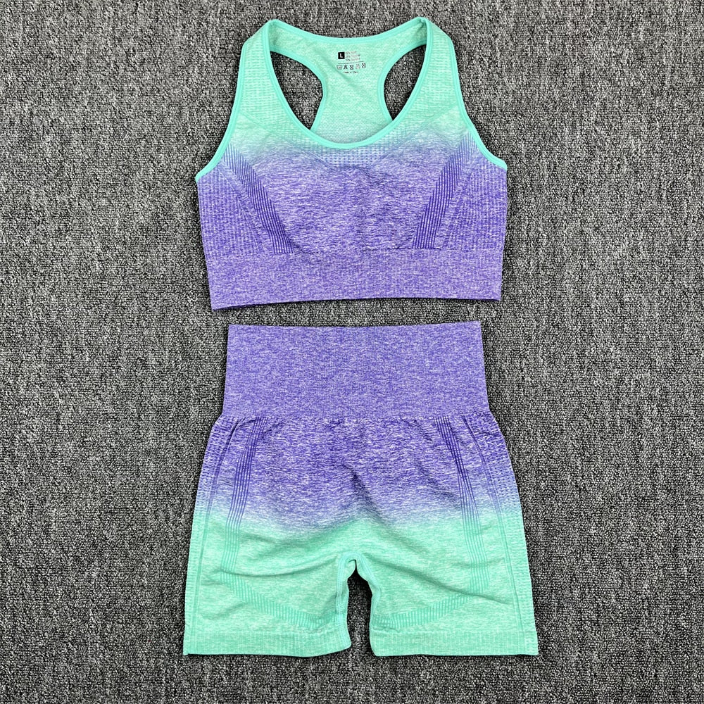 Seamless Women Crop Top Yoga Set Purple Bra Shorts