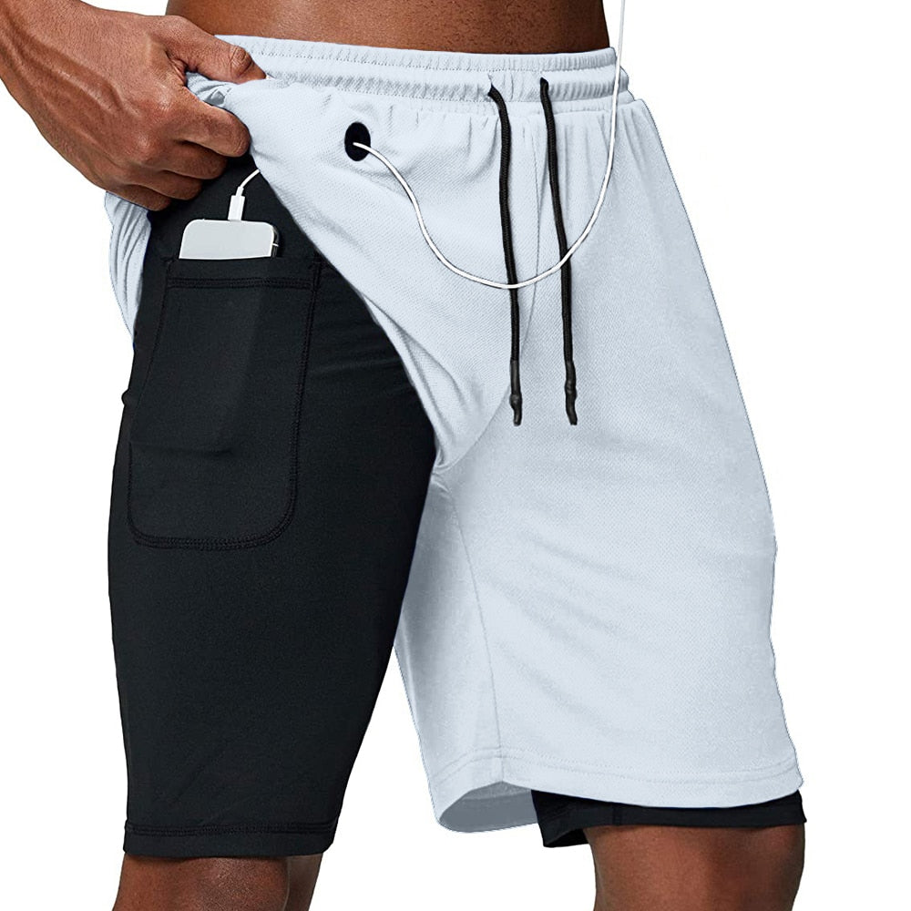 Men Fitness Gym Training 2 in 1 Sports Shorts White Headphone Hole