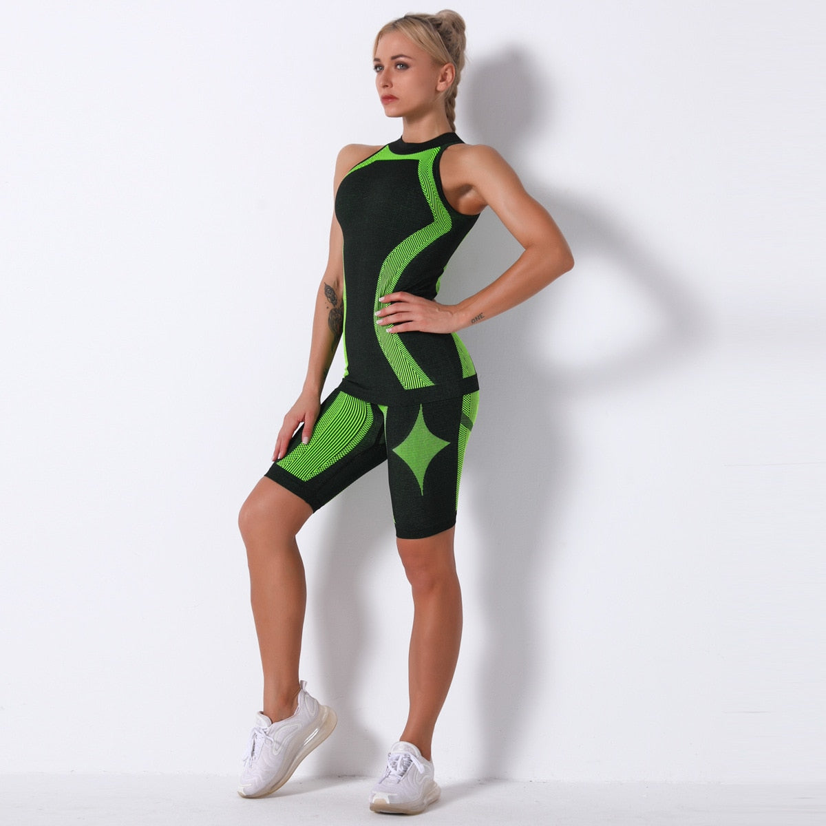 Women Long Sleeve Gym Clothes BlackGreen Set2