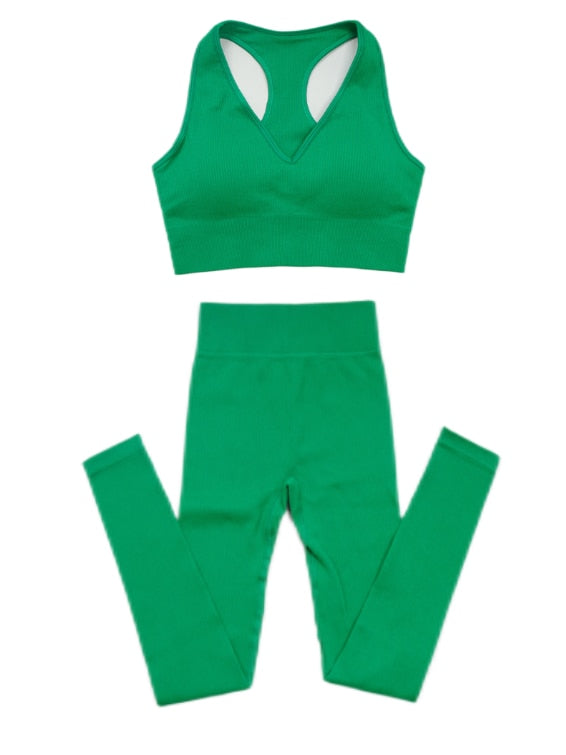 Women Summer Ribbed Gym Set Bra Pants-Green