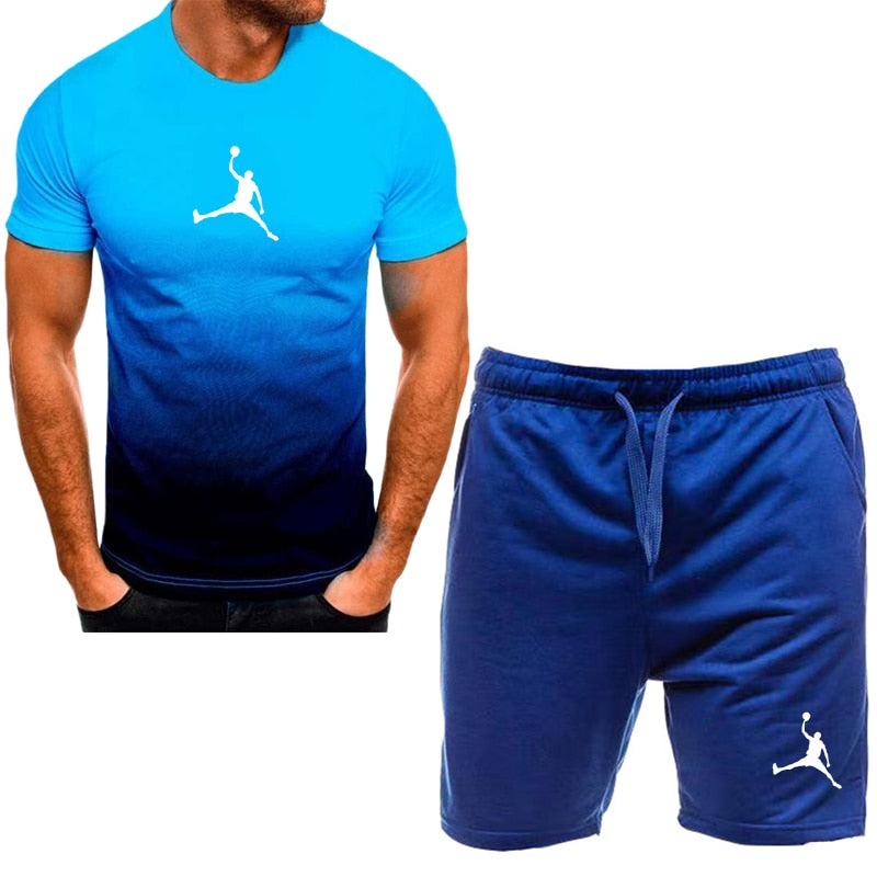 Men Cotton Short Sleeve T-shirt Set blue-B