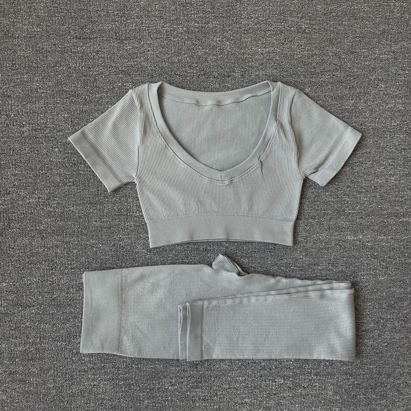 Two Piece Yoga Long Sleeve Tracksuit TshirtPants Grey