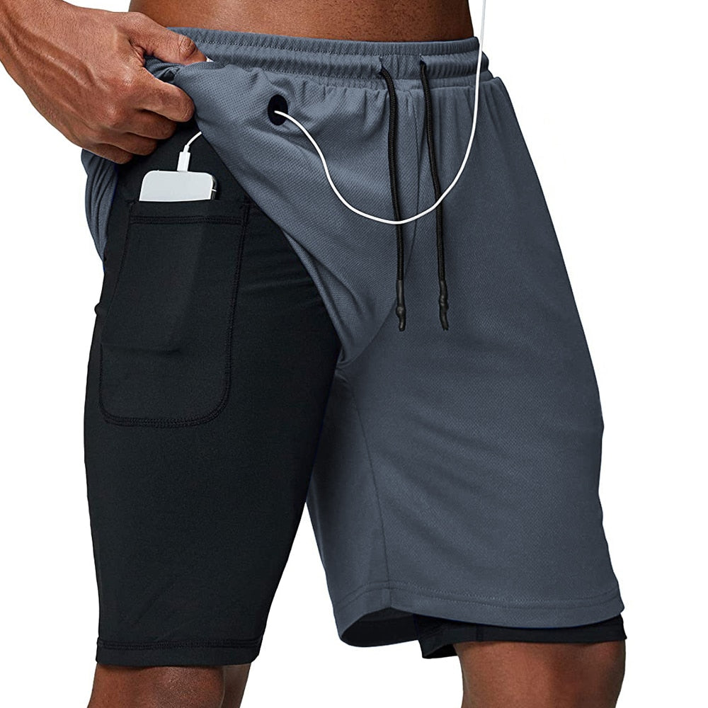 Men Fitness Gym Training 2 in 1 Sports Shorts DGray Headphone Hole