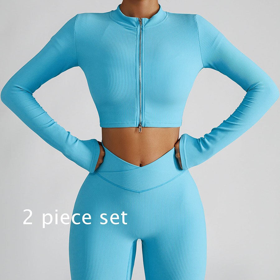 Women 2 Piece Gym Long Sleeve Jacket blue 2-piece set