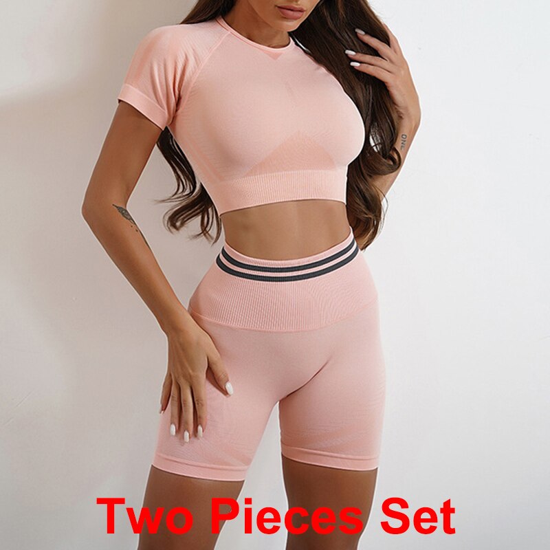 High Waist Seamless Yoga Sets pink short sets