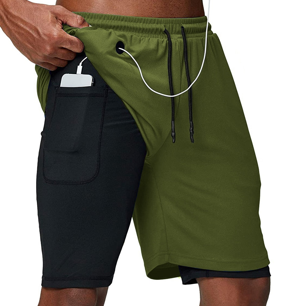 Men Fitness Gym Training 2 in 1 Sports Shorts Green Headphone Hole