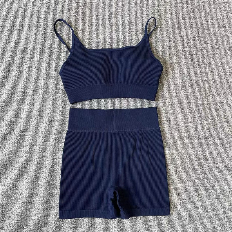 Two Piece Yoga Long Sleeve Tracksuit BraShorts2 Darkblue