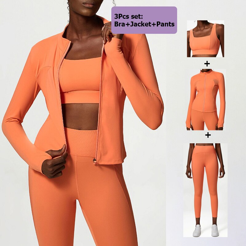Women Solid Color Stretch Athletic Suit C-Orange