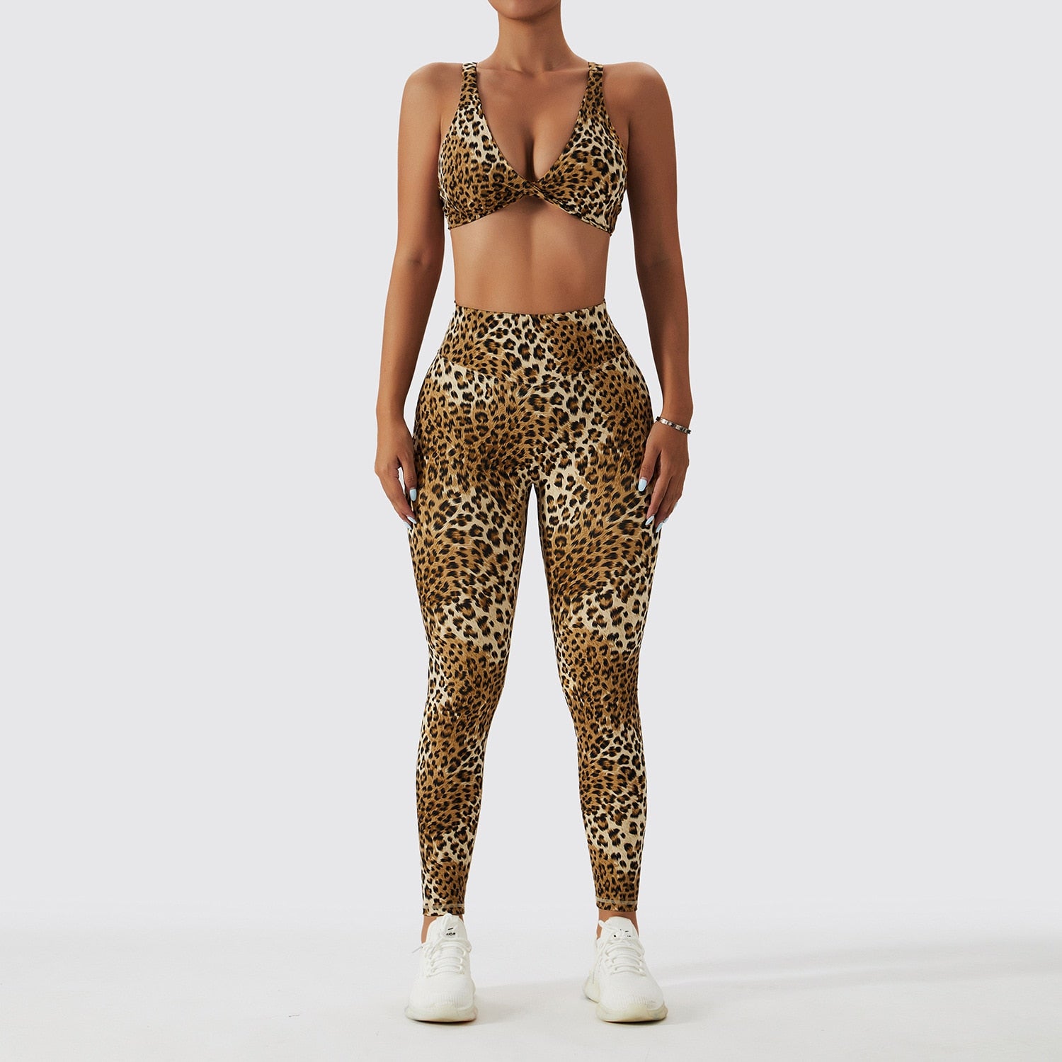 Women Leopard Print Sports Suit Brown yellow suit-1