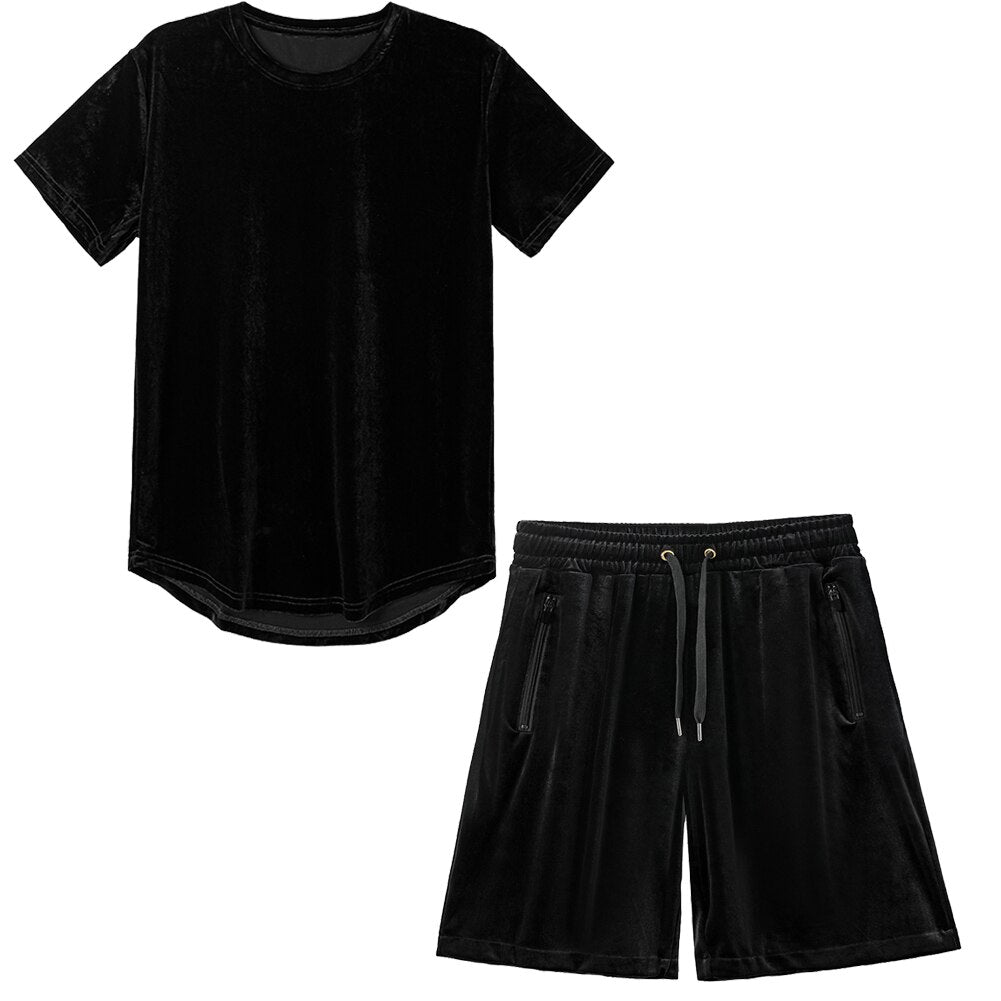 Men Velvet Velour Hip Hop Gym Short Black 1