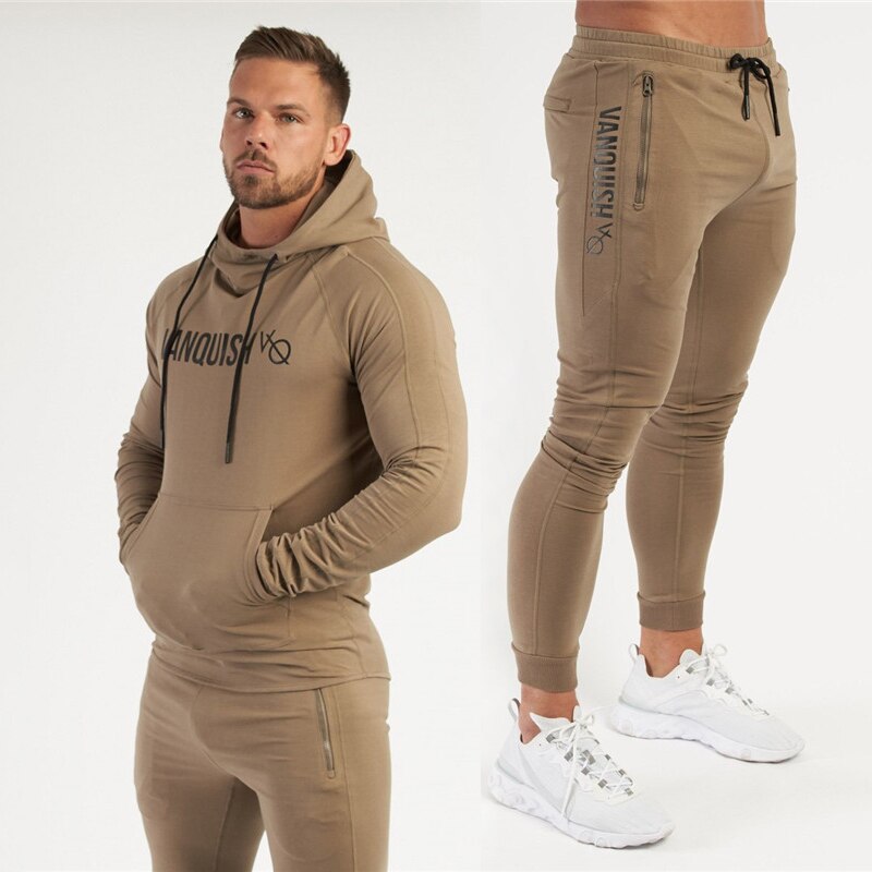 Men Fitness Cotton Printed Hoodie Trousers Khaki