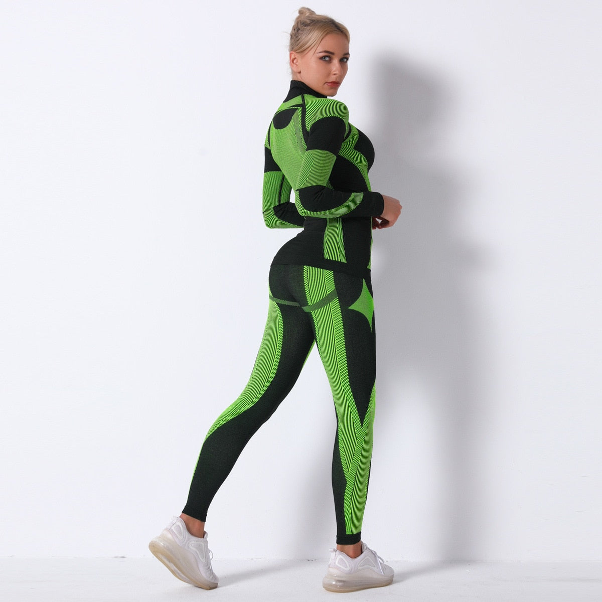 Women Long Sleeve Gym Clothes BlackGreen Set1