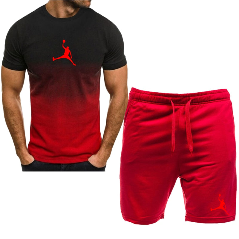 Men Cotton Short Sleeve T-shirt Set red-F