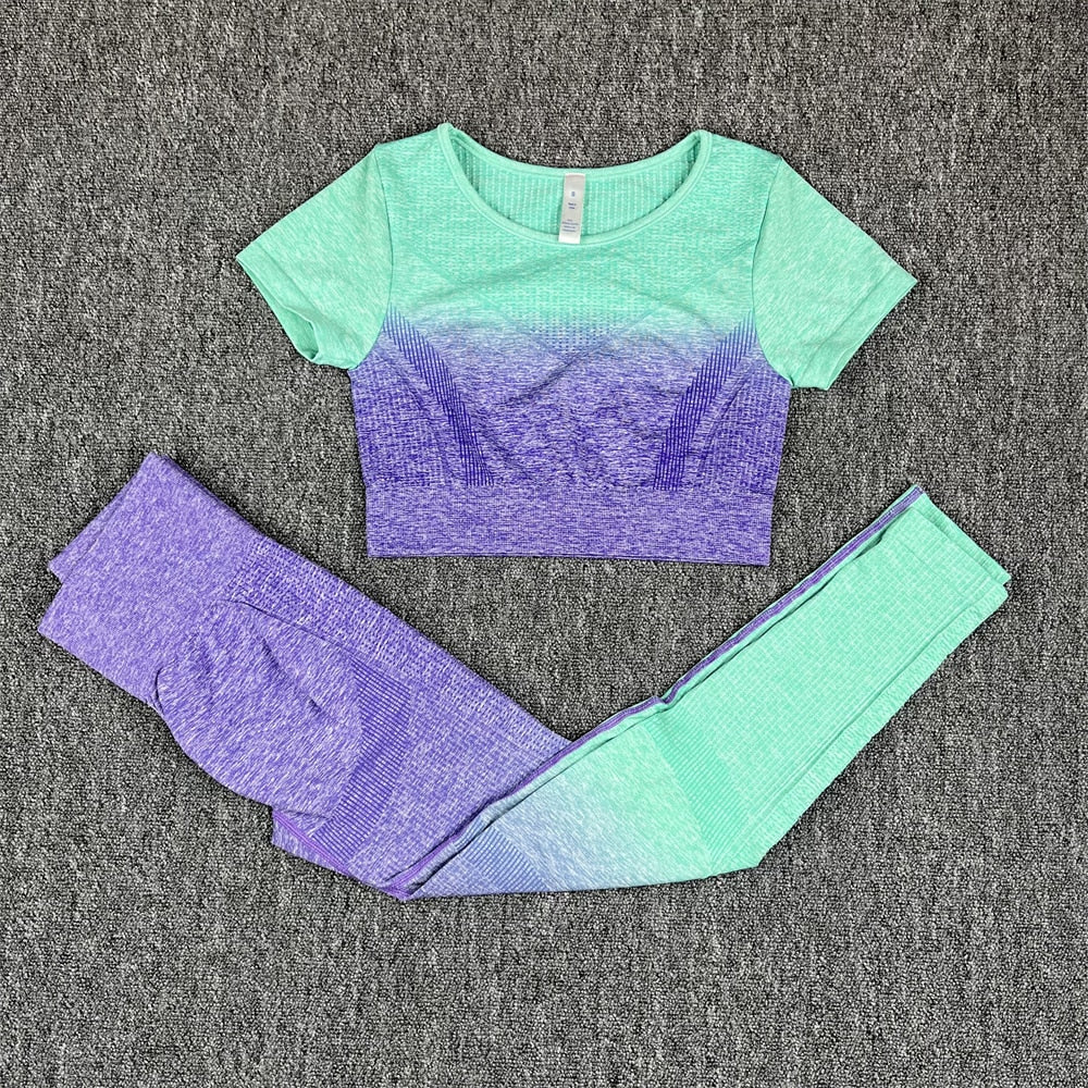 Seamless Women Crop Top Yoga Set Purple T-shirt Pants