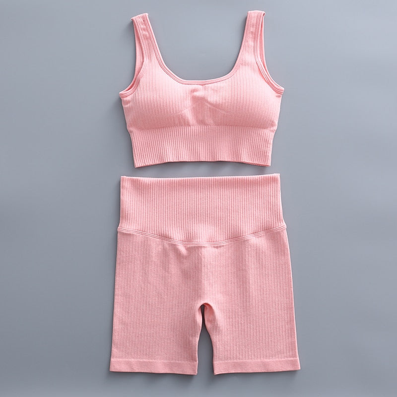 Women Seamless Workout Gym Wear Suits pink short set