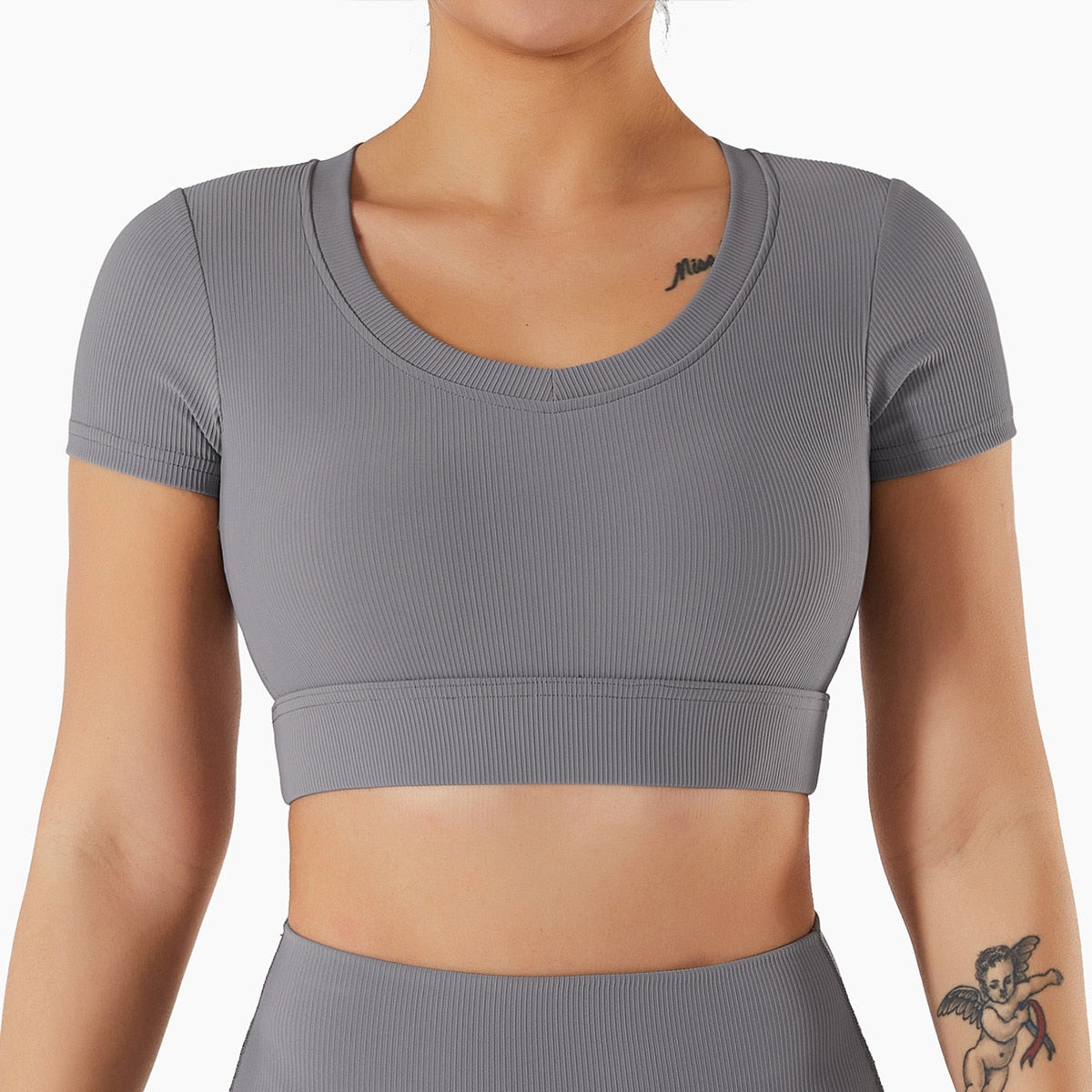 Seamless Women Yoga Sets GreyShort Sleeve 1pc