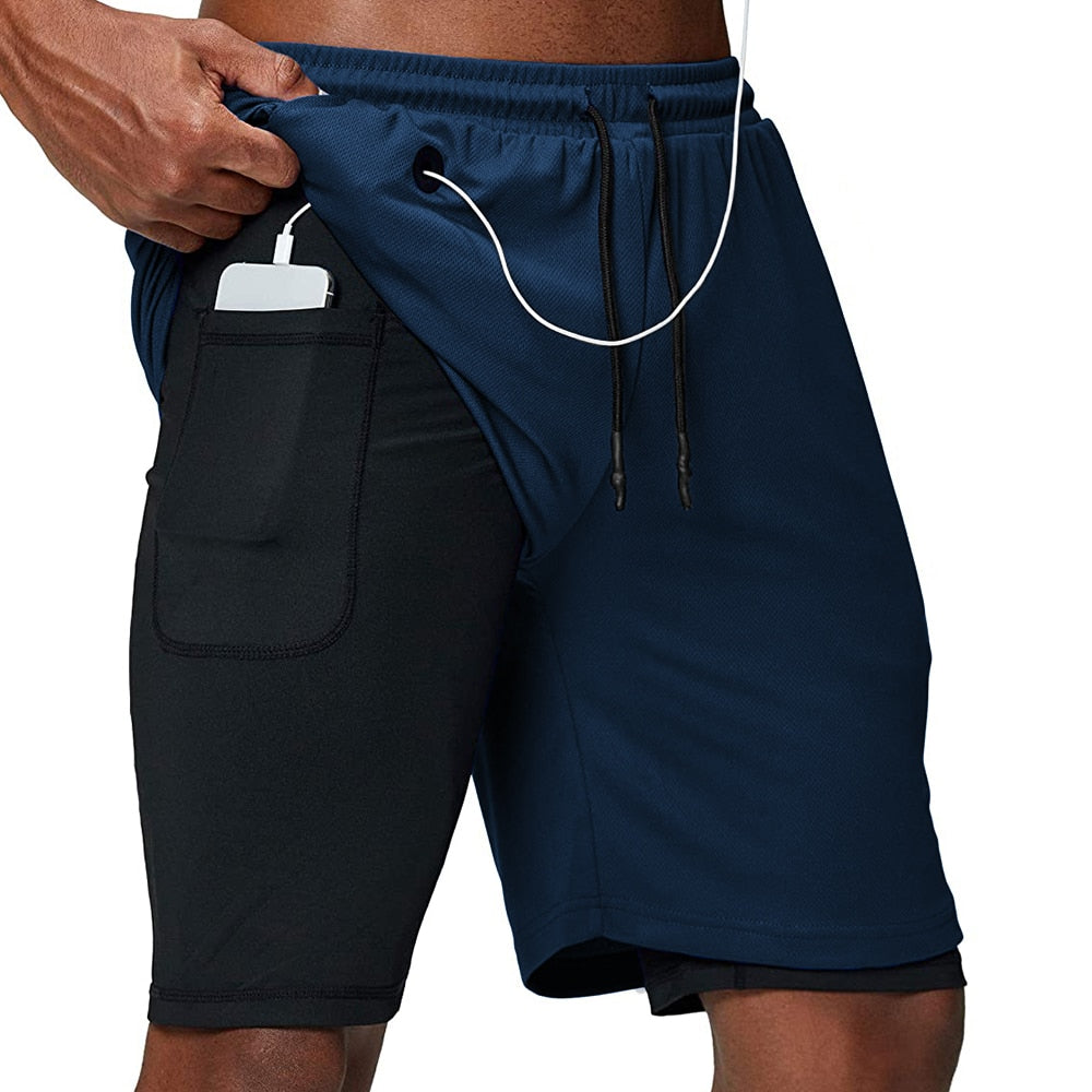 Men Fitness Gym Training 2 in 1 Sports Shorts Nblue Headphone Hole