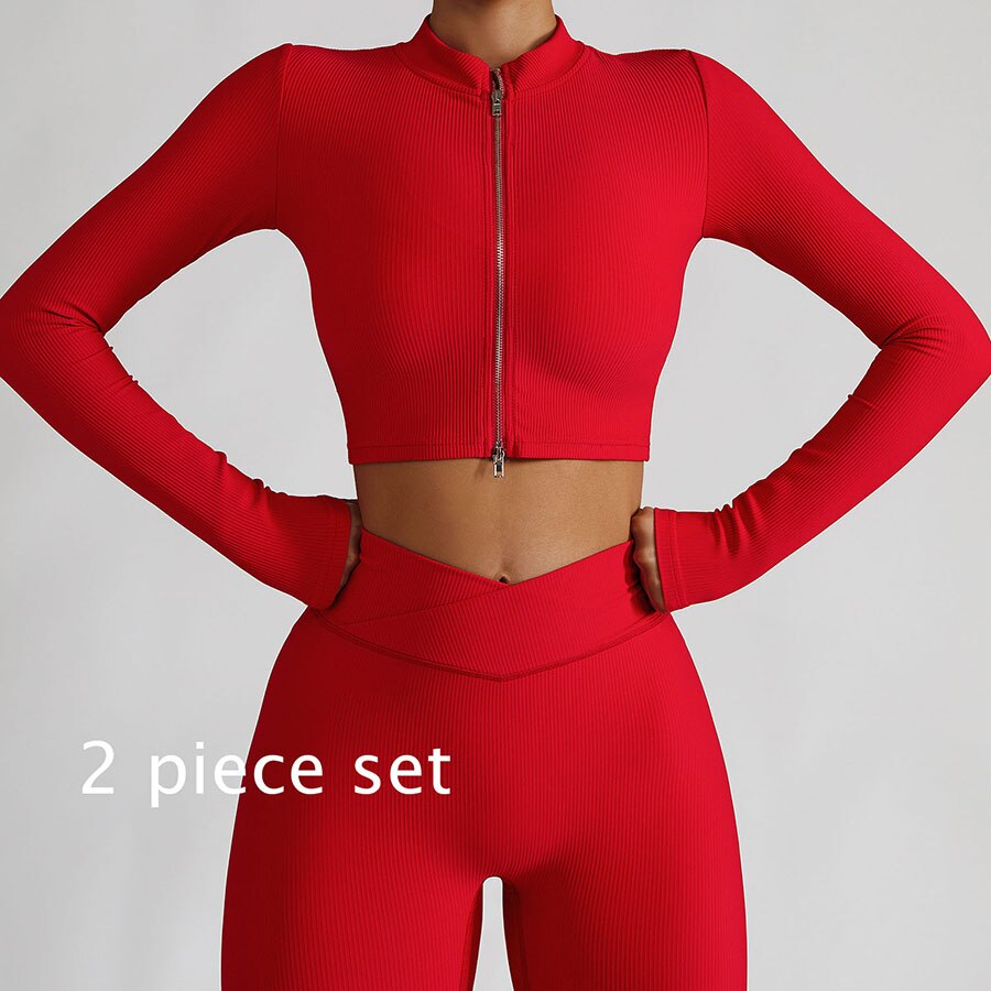 Women 2 Piece Gym Long Sleeve Jacket red 2-piece set