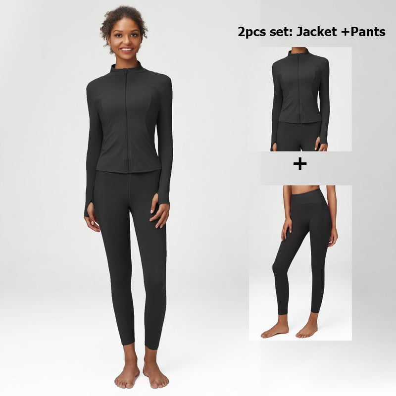Women Solid Color Stretch Athletic Suit B-Black