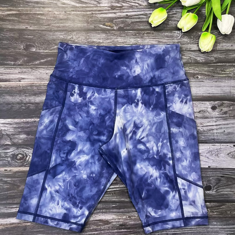 Women Phone Pocket Tie Dye Biker Shorts Blue Tie Dyeing