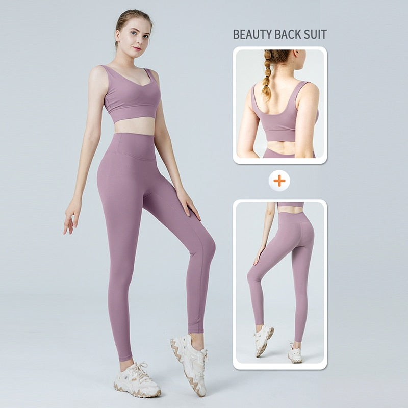 Women Naked feeling Gym Leggings Two Piece-Pink