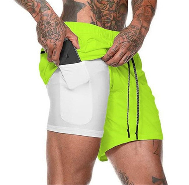 Men Double-deck Running Shorts Yellow