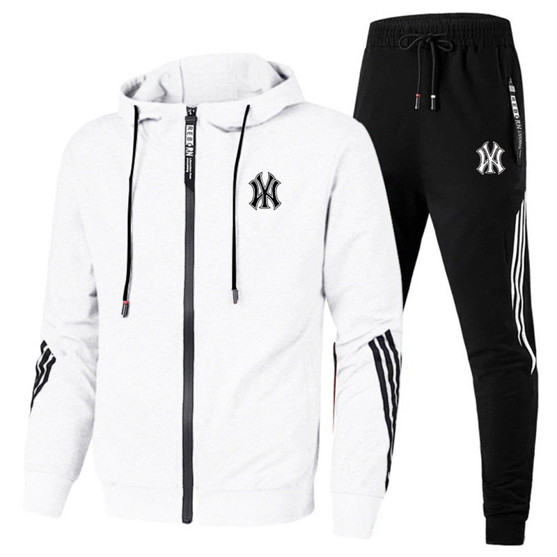 Men Zipper Cardigan Jacket+Sweatpants White-Black China